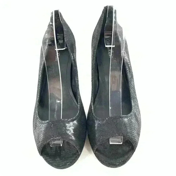 Calvin Klein heels 8.5 Kail black leather snakeskin embossed platforms party - Picture 2 of 14